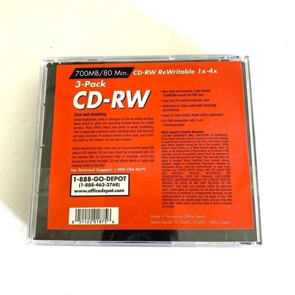 NEW CD-RW Rewritable 1x-4x 700MB/80 min. Office Depot - Blank CDRW Media 3 Pack - Picture 3 of 3